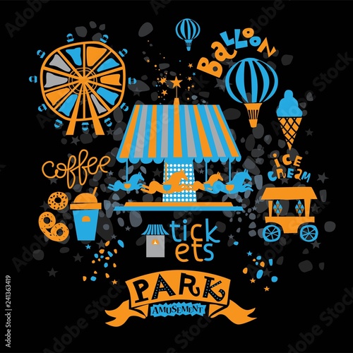 Amusement Park for the whole family  attractions and walking paths  pond  and ice cream  coffee  Ferris wheel  balloon