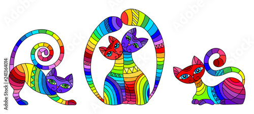 Set of stained glass elements with rainbow cats   isolated images on white background