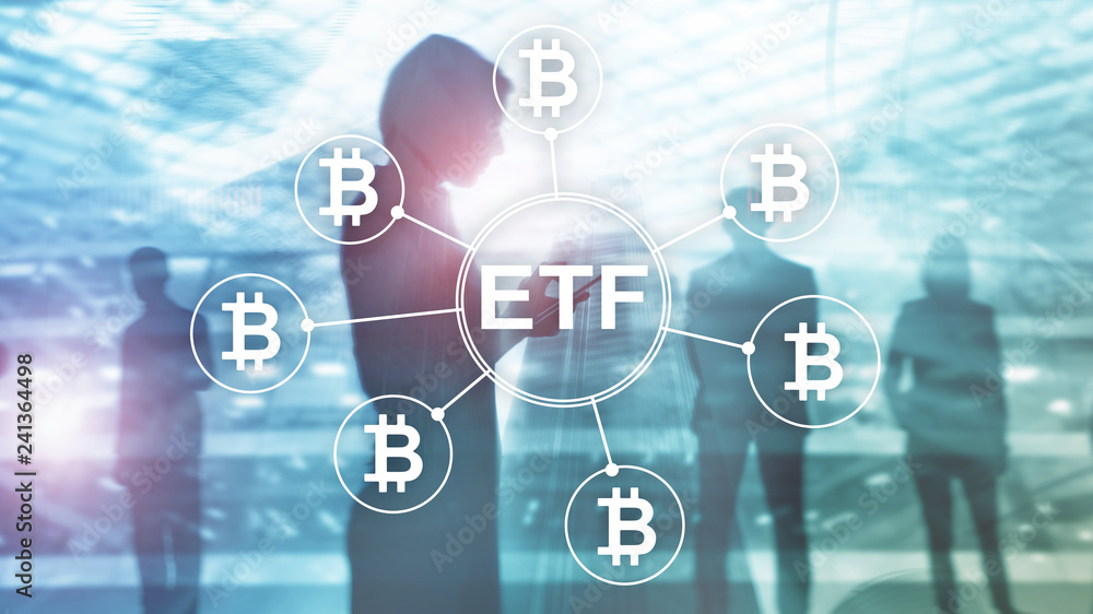 Bitcoin ETF cryptocurrency trading and investment concept on double exposure background. Bitcoin ETF cryptocurrency trading and investment concept on double exposure background.