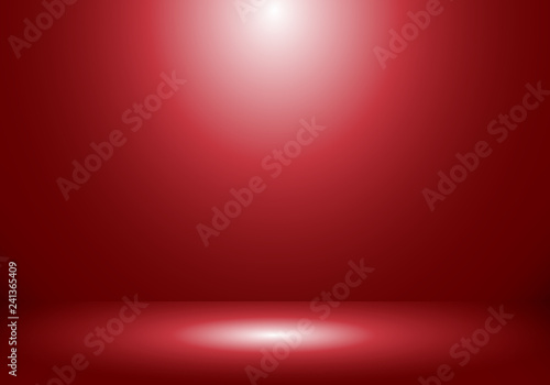 3D empty studio room show booth for designers with spotlight on red gradient background.