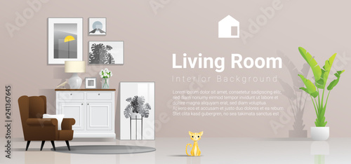 Warm and bright living room background with furniture and cat , vector , illustration