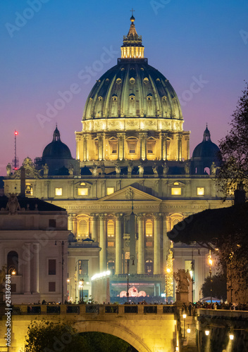 Rome (Italy) - The Tiber river and the monumental Lungotevere at sunset. Here in particular the Saint Peter basilica in Vatican