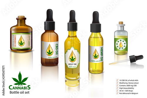 Marijuana plant and cannabis oil bottles vector.