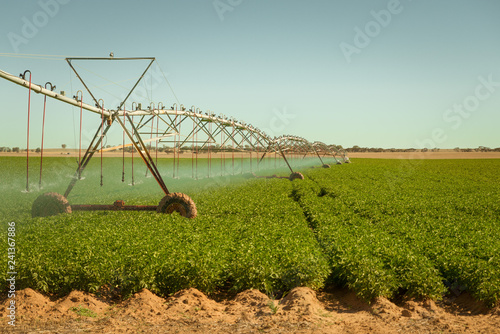Rural Australian countryside agricultural landscape at Center Pivot Irrigation in rural farming fields