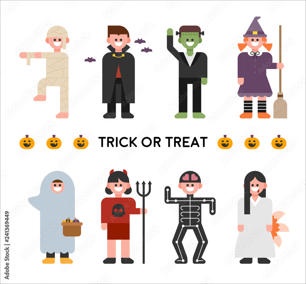 Halloween characters in various costumes. halloween concept illustration. flat design vector graphic style.