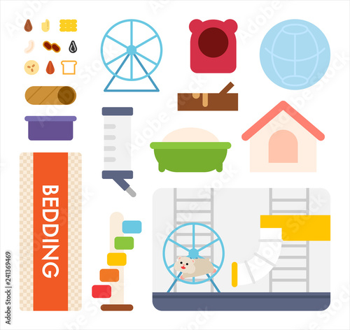 Items needed to raise a hamster illustration. flat design vector graphic style.
