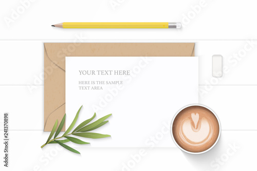 Flat lay top view elegant white composition letter kraft paper envelope yellow pencil eraser tarragon leaf and coffee on wooden background