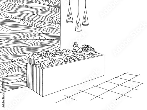 Grocery store shop interior black white graphic sketch illustration vector