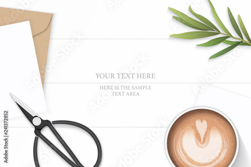 Flat lay top view elegant white composition letter kraft paper envelope tarragon leaf metal scissors and coffee on wooden background