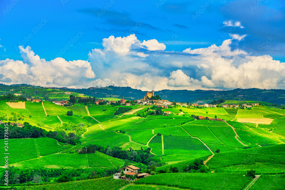 Fototapeta premium Langhe vineyards sunset panorama, Serralunga Alba, Piedmont, Italy Europe.