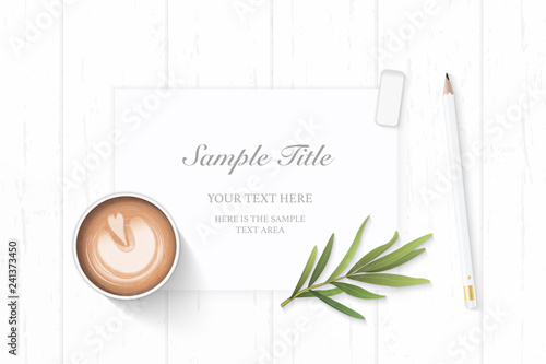 Flat lay top view elegant white Christmas composition paper pencil eraser tarragon leaf and coffee on wooden background