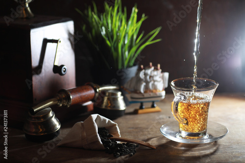 Brewing tea on a wooden table