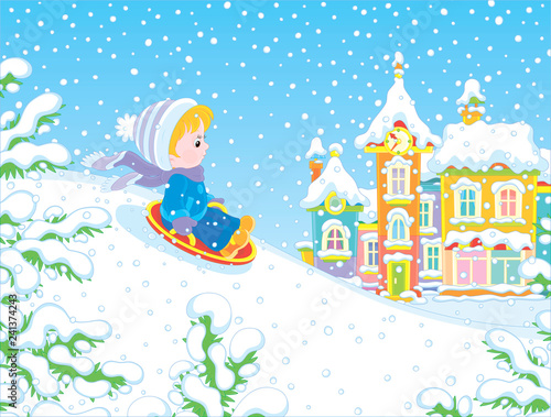 Small child sledding down a snow hill on a playground in a winter park of a town, vector illustration in a cartoon style