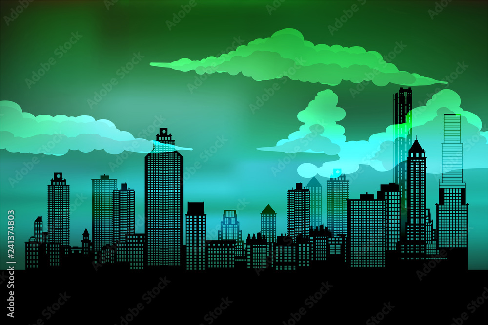 Silhouette of the city. Cityscape background. Urban landscape. For banner or template. Modern city with layers. Flat style vector illustration
