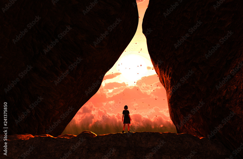 Fototapeta premium Girl walking to the light and exit the cave,3d illustration