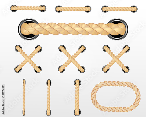 Nautical rope. Round and square rope frames, cord borders. Sailing vector decoration elements. Rope marine, nautical border, cord round, string knot twisted illustration