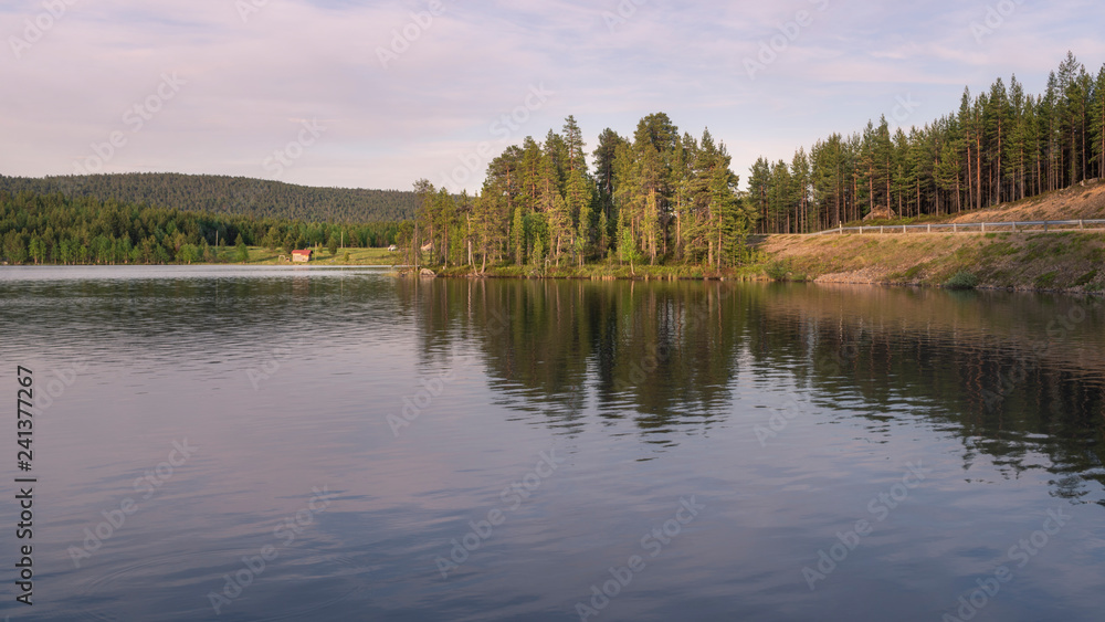 Beautiful lake at Lapland.Midnight sun.