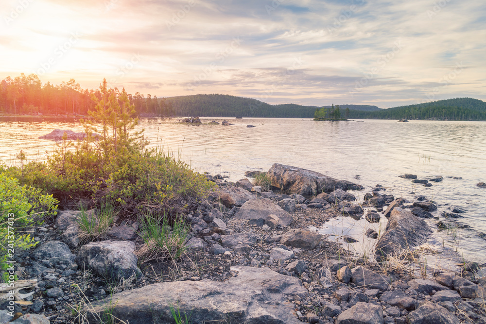 Beautiful lake at Lapland.Midnight sun. Beautiful lake at Lapland.Midnight sun.
