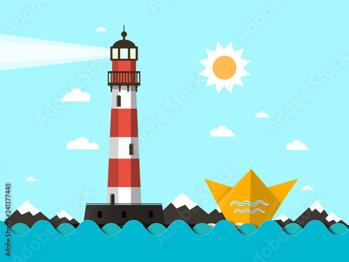 Lighthouse with Paper Boat on Ocean Waves - Vector Landscape