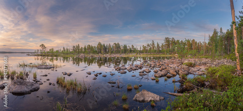 Canvas Print Beautiful lake at Lapland.Midnight sun.