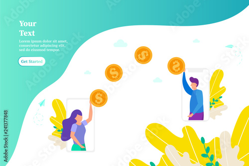 Money transfer between two smartphones, concept of online payments using phone, vector illustration for web, ui, landing page, flyer, poster, banner.