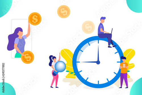 Paying money for time and work, concept of earning,doing money, group of people working, vector illustration for web, ui, landing page, flyer, poster, banner..
