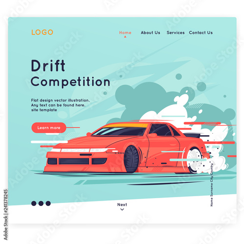 Site template. Drift, the car rides sideways. Flat design vector illustration.	