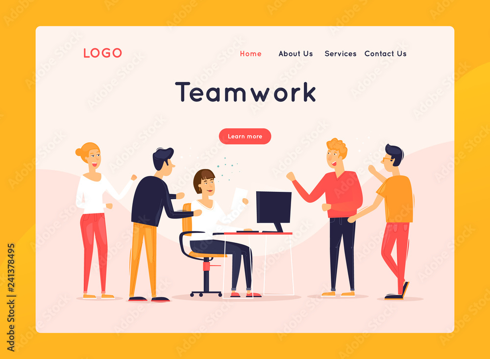 Naklejka premium Landing page. Website Template. Teamwork, about us. Business workflow management. Office life, business, programmer. Data analysis. Brainstorming, meeting. Flat design vector illustration