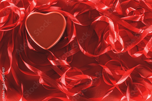 top view of beautiful decorative red heart and ribbons  valentines day background