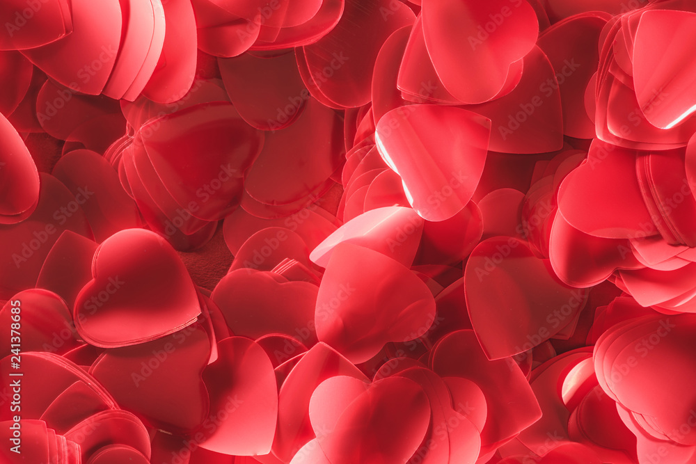 close-up view of beautiful decorative red heart shaped petals, valentines day background close-up view of beautiful decorative red heart shaped petals, valentines day background