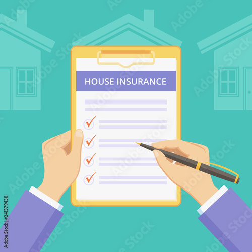 House insurance policy on clipboard with hands vector illustration. Mortgage protect plan concept with house policy survey on clipboard, flat man hands filling insurance on green background