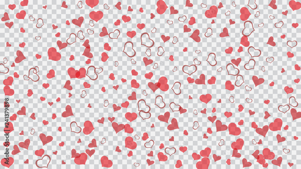 Red hearts of confetti crumbled. Design element for wallpaper, textiles, packaging, printing, holiday invitation for wedding. Red on Transparent background Vector. Light background. Red hearts of confetti crumbled. Design element for wallpaper, textiles, packaging, printing, holiday invitation for wedding. Red on Transparent background Vector. Light background.