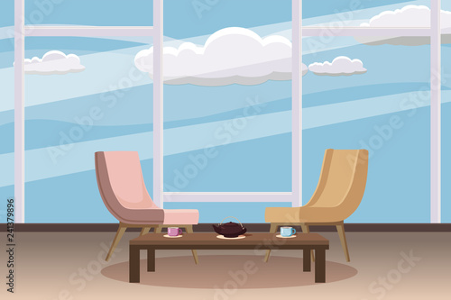 Chairs, tea table, furnitiure, window, teapot, cups, template for interior, living room, for animation, vector, illustration, isolated, cartoon style