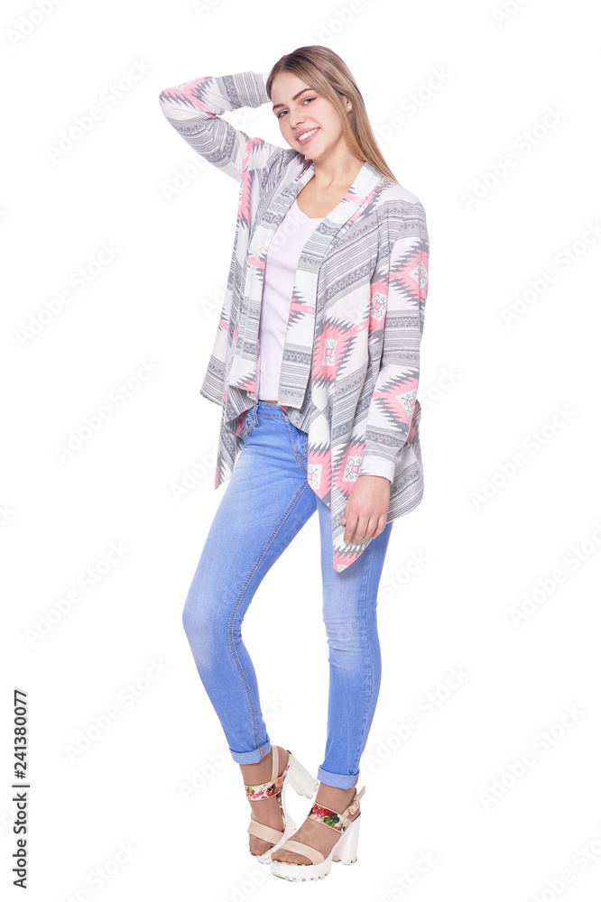 Fototapeta premium Portrait of beautiful woman in blue jeans posing isolate