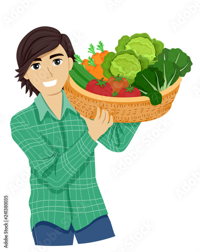 Teen Boy Gather Vegetable Illustration