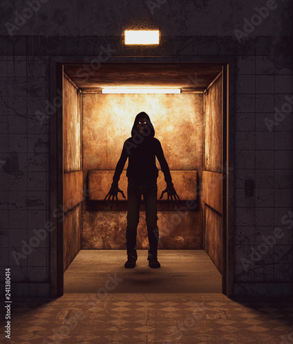 Scary monster in an elevator 3d rendering for book cover or book illustration