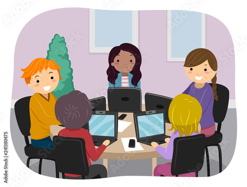 Stickman Teens Group Study Laptop Illustration