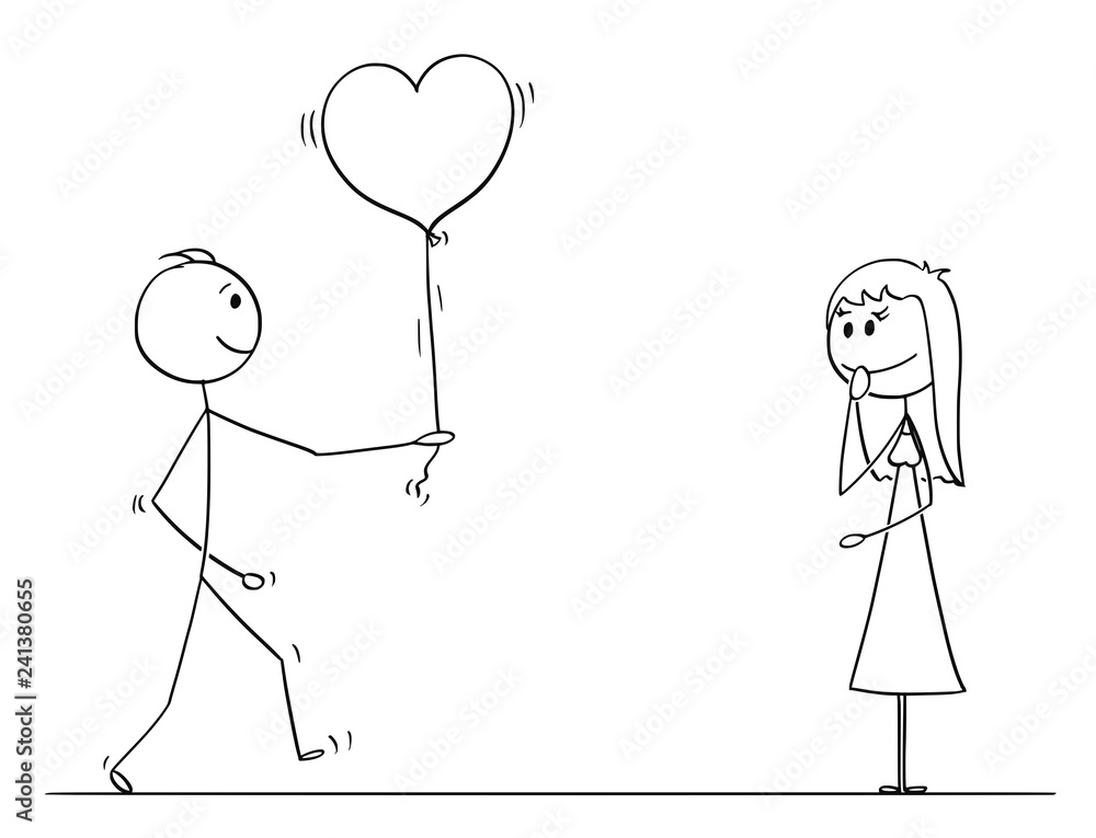 Cartoon Stick Drawing Conceptual Illustration Of Loving Man Or Boy In Love Giving Heart Shaped Balloon To Woman Or Girl On Date As Gift Or Present Stock Vector Adobe Stock