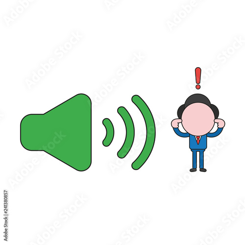 Vector illustration of businessman character with sound symbol and closing ears. Color and black outlines. photo