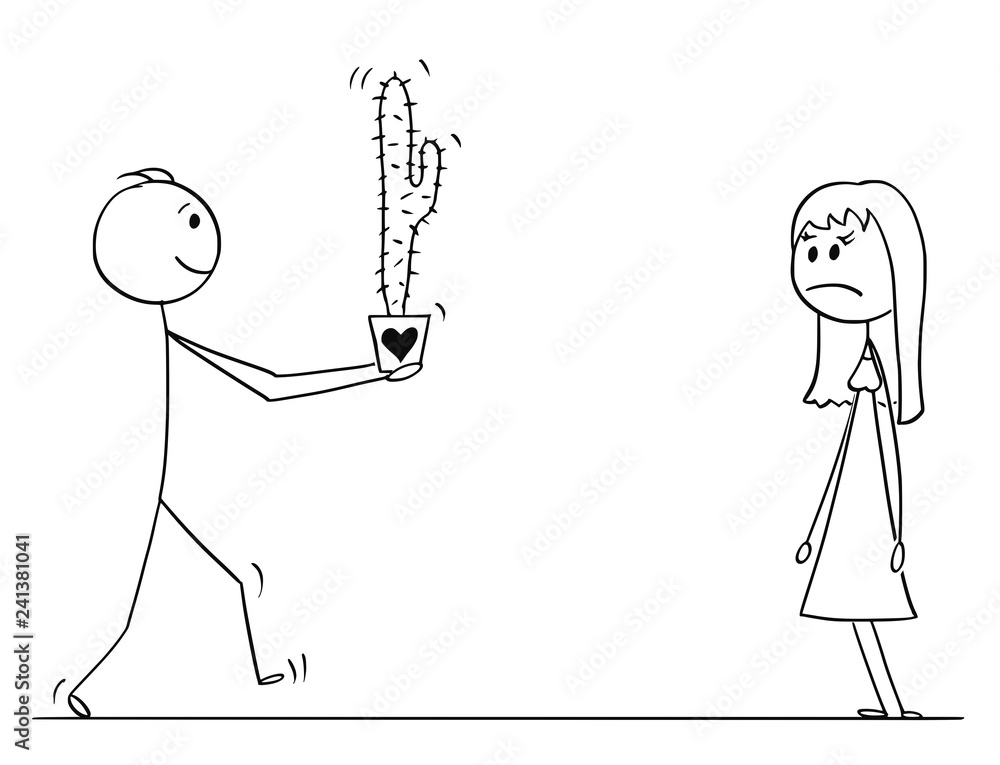 Cartoon Stick Drawing Conceptual Illustration Of Loving Man Or Boy In Love Giving Cactus Plant As Gift Or Present To Woman Or Girl On Date Stock Vector Adobe Stock