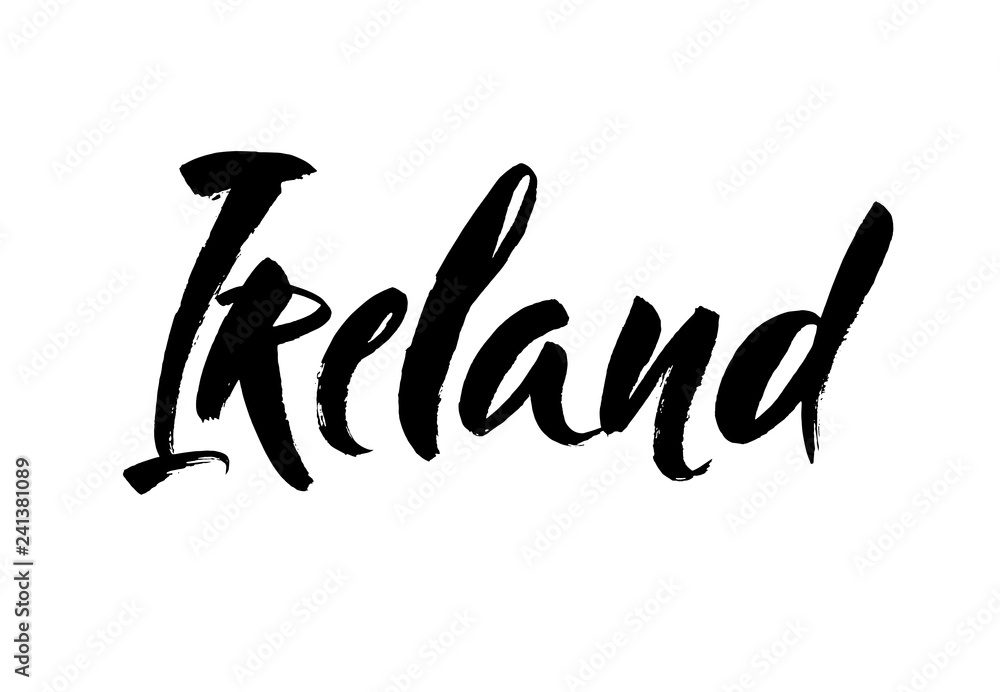 Ireland hand drawn ink brush lettering. Name of country. Modern brush calligraphy. Isolated on white background.