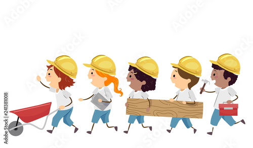 Stickman Kids Walk House Construction Illustration
