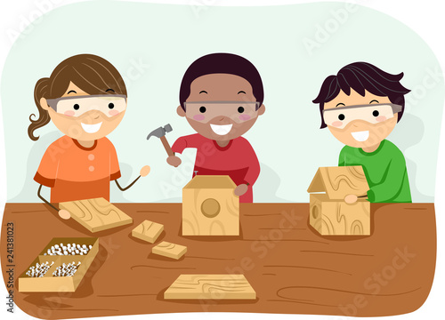 Stickman Kids Woodwork Bird House Illustration
