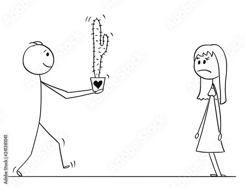 Cartoon stick drawing conceptual illustration of loving man or boy in love giving cactus plant as gift or present to woman or girl on date.