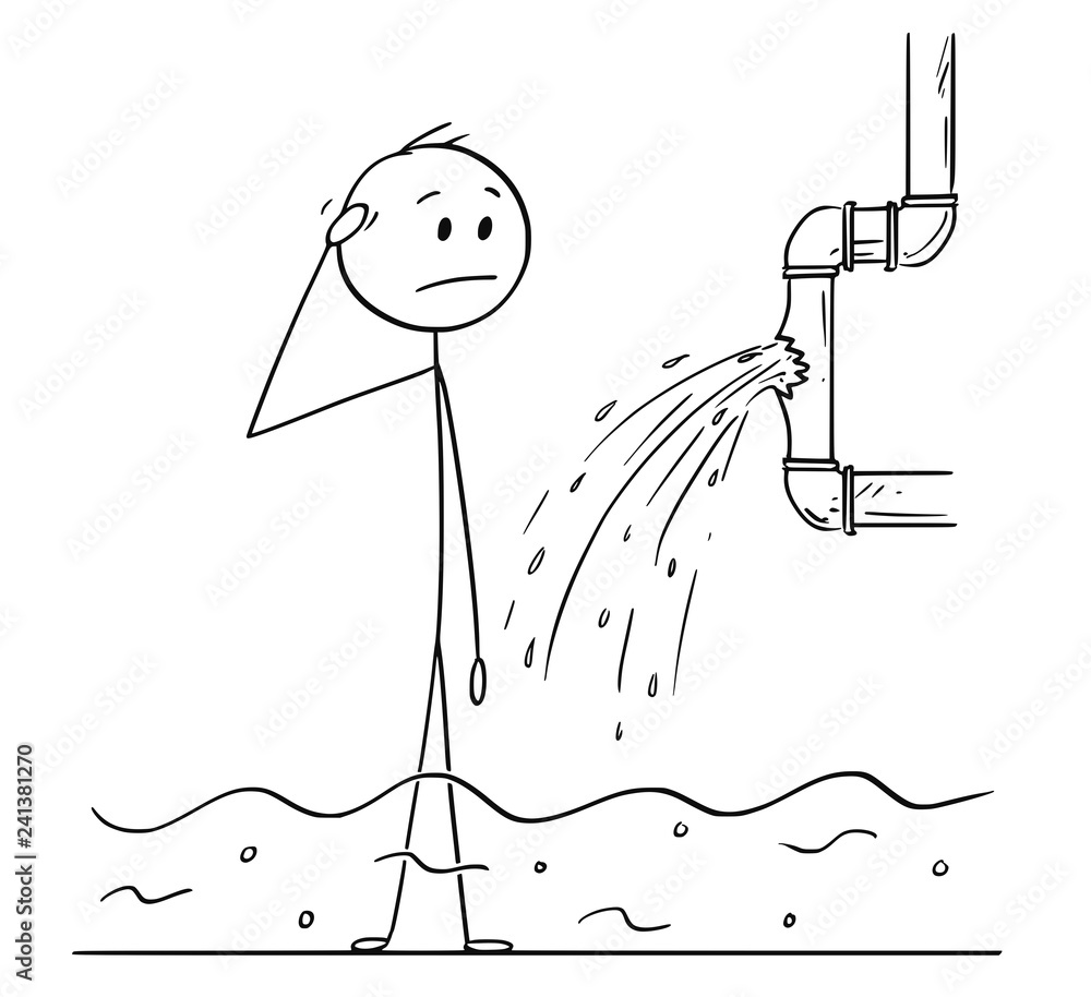 Cartoon stick drawing conceptual illustration of man or businessman  watching broken water pipe and thinking about the leaking problem solution  unable to solve it. Stock Vector | Adobe Stock