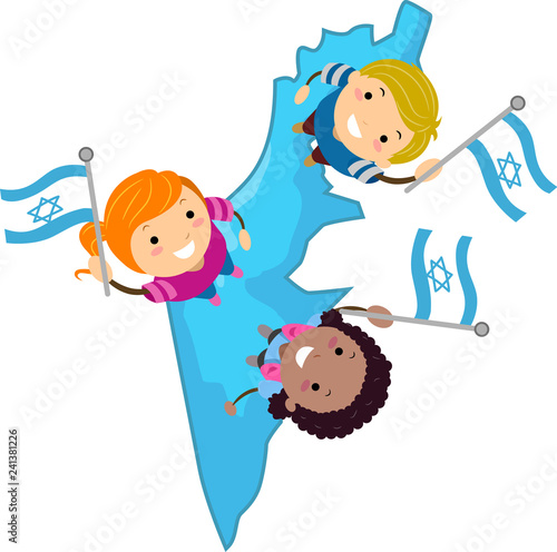 Stickman Kids Israel Map Flags Illustration