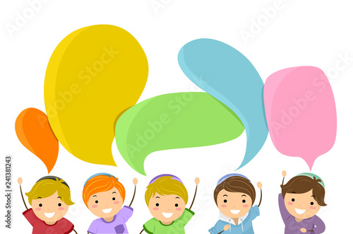 Stickman Kids Jewish Raise Hands Speech Bubbles