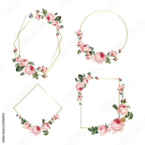 Hand drawn blank pink roses frames on white background vector set