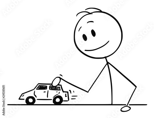 Cartoon stick drawing conceptual illustration of boy, man or businessman playing with toy car.