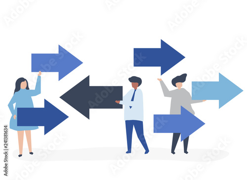People carrying arrows in the opposite directions
